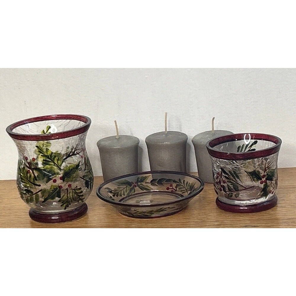 Yankee Candle Crackle Glass Hurricane Votive Candle Holders With 3 Balsam Sented